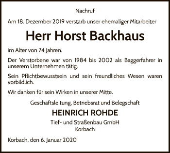 Traueranzeige von Horst Backhaus von WLZ