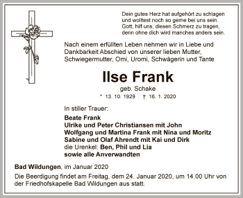 Traueranzeige von Ilse Frank von WLZ
