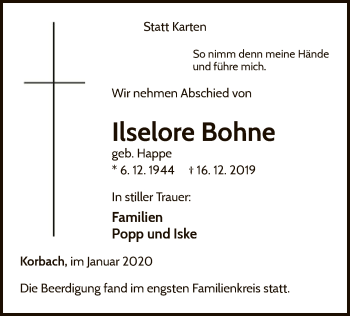 Traueranzeige von Ilselore Bohne von WLZ