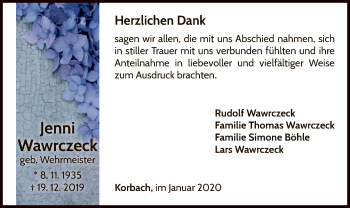 Traueranzeige von Jenni Wawrczeck von WLZ