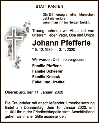 Traueranzeige von Johann Pfefferle von WLZ