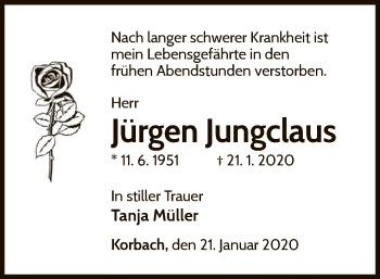 Traueranzeige von Jürgen Jungclaus von WLZ