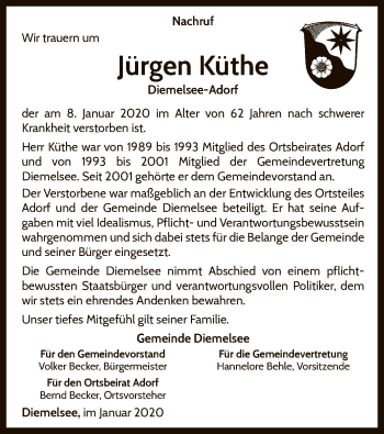 Traueranzeige von Jürgen Küthe von WLZ