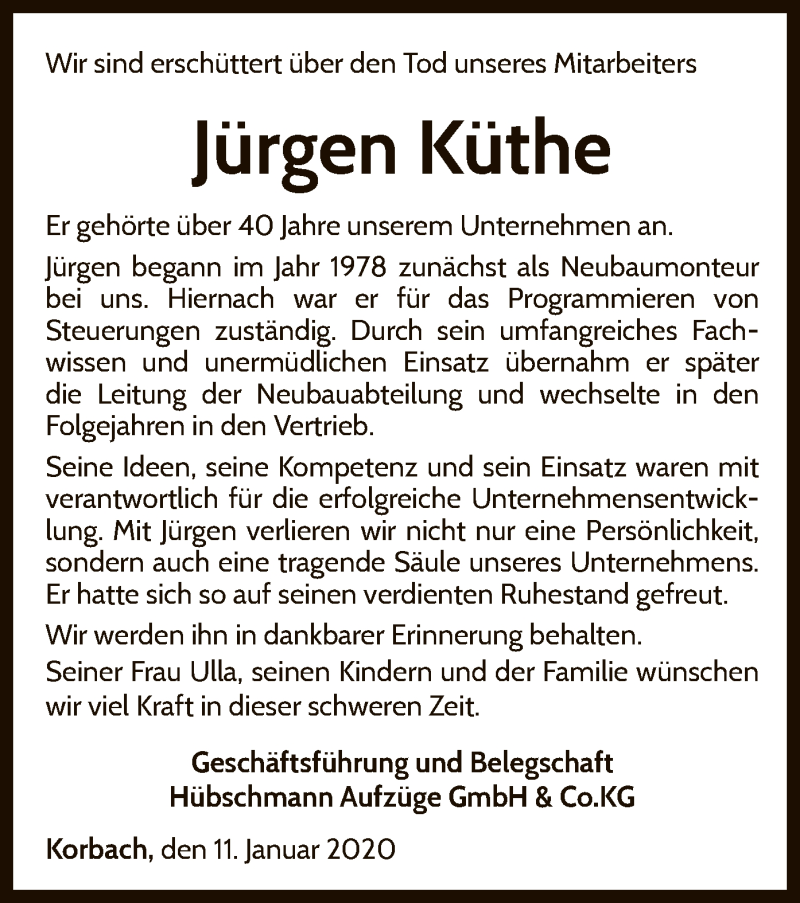  Traueranzeige für Jürgen Küthe vom 11.01.2020 aus WLZ