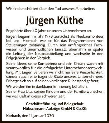 Traueranzeige von Jürgen Küthe von WLZ