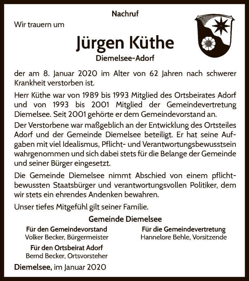  Traueranzeige für Jürgen Küthe vom 11.01.2020 aus WLZ