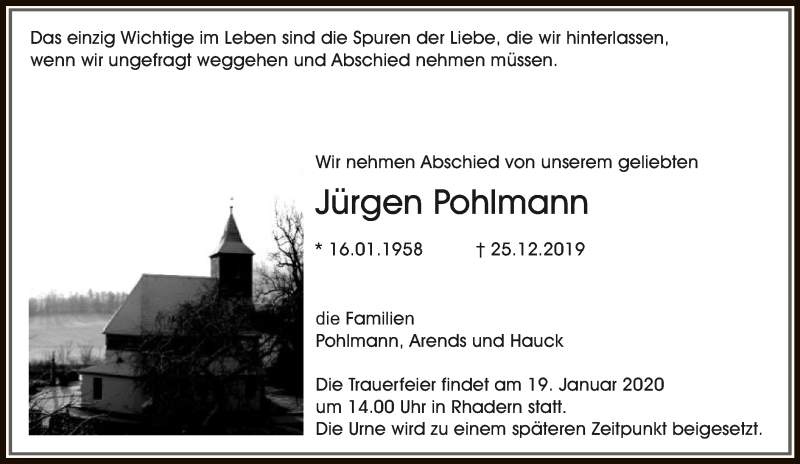 Traueranzeige für Jürgen Pohlmann vom 31.12.2019 aus WLZ