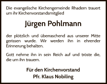 Traueranzeige von Jürgen Pohlmann von WLZ