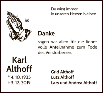 Traueranzeige von Karl Althoff von WLZ