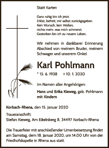 Traueranzeige von Karl Pohlmann von WLZ