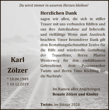 Traueranzeige von Karl Zölzer von WLZ