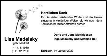 Traueranzeige von Lisa Madeisky von WLZ