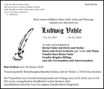 Traueranzeige von Ludwig Vahle von WLZ