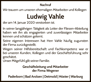 Traueranzeige von Ludwig Vahle von WLZ