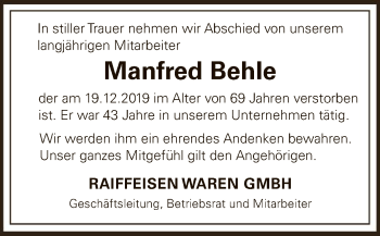 Traueranzeige von Manfred Behle von WLZ