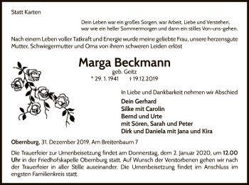 Traueranzeige von Marga Beckmann von WLZ