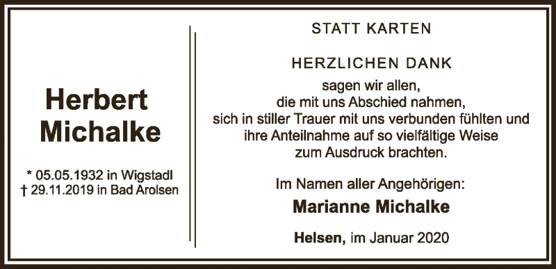  Traueranzeige für Marianne Michalke vom 09.01.2020 aus WLZ