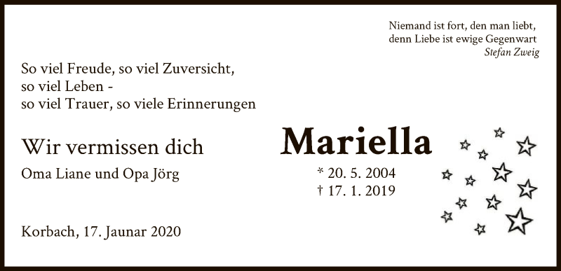  Traueranzeige für Mariella Dorl vom 17.01.2020 aus WLZ