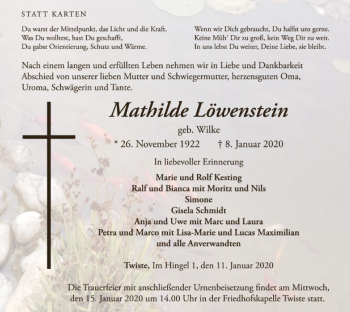 Traueranzeige von Mathilde Löwenstein von WLZ