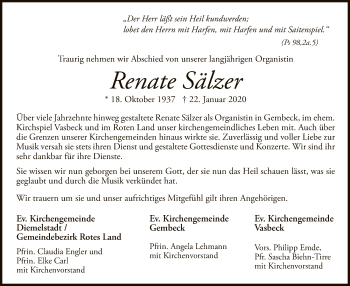 Traueranzeige von Renate Sälzer von WLZ
