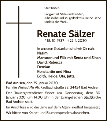 Traueranzeige von Renate Sälzer von WLZ