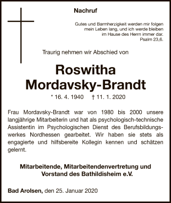 Traueranzeige von Roswitha Mordavsky-Brandt von WLZ