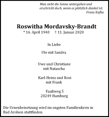 Traueranzeige von Roswitha Mordavsky-Brandt von WLZ