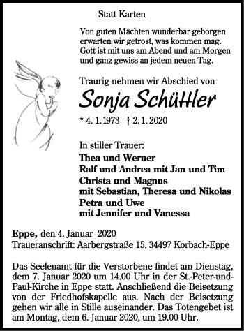 Traueranzeige von Sonja Schüttler von WLZ