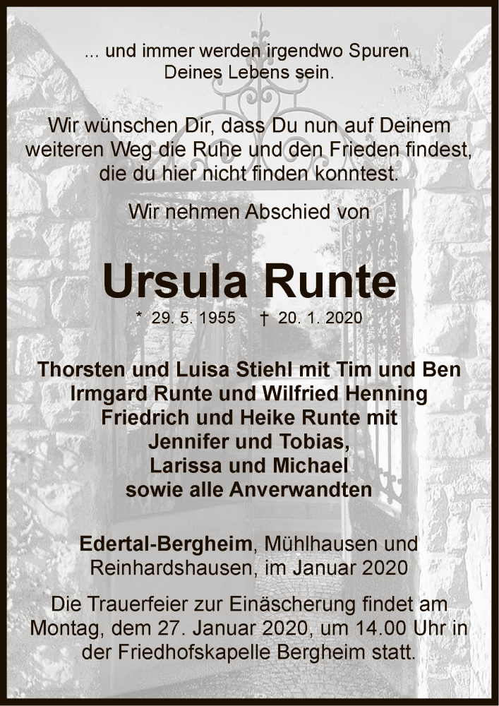  Traueranzeige für Ursula Runte vom 23.01.2020 aus WLZ