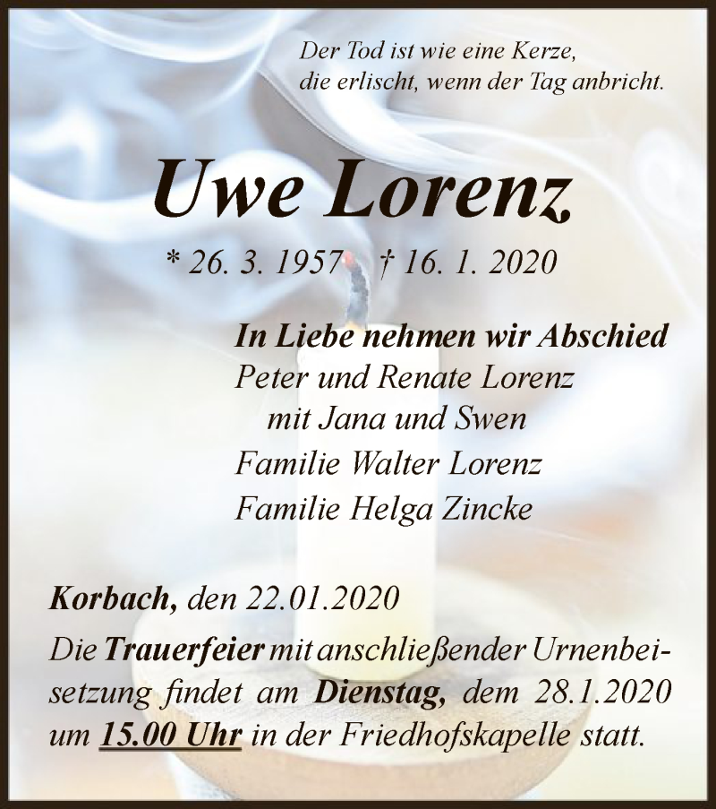  Traueranzeige für Uwe Lorenz vom 22.01.2020 aus WLZ