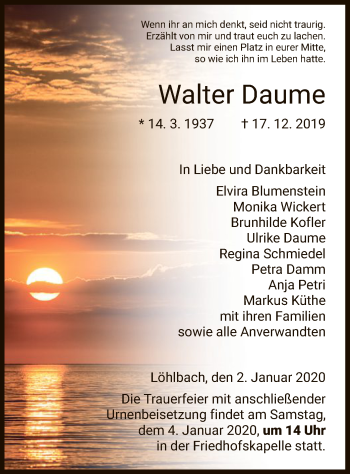 Traueranzeige von Walter Daume von WLZ