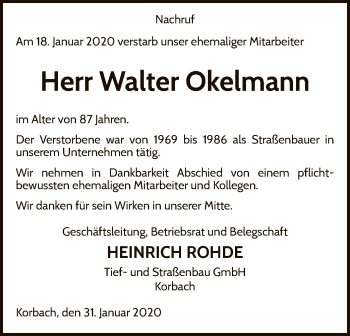 Traueranzeige von Walter Okelmann von WLZ