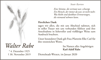 Traueranzeige von Walter Rabe von WLZ