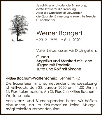 Traueranzeige von Werner Bangert von WLZ