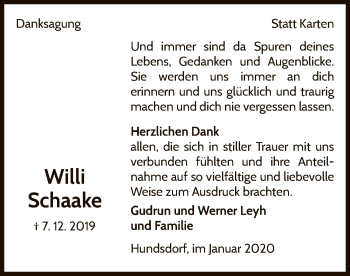 Traueranzeige von Willi Schaake von WLZ