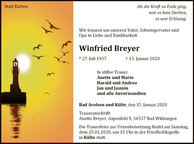  Traueranzeige für Winfried Breyer vom 15.01.2020 aus WLZ