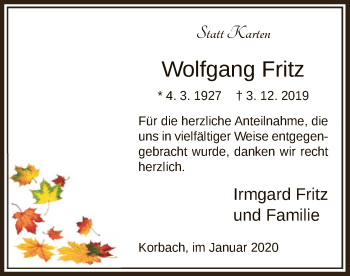 Traueranzeige von Wolfgang Fritz von WLZ