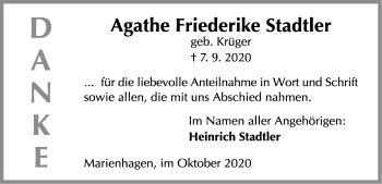 Traueranzeige von Agathe Friederike Stadtler von WLZ