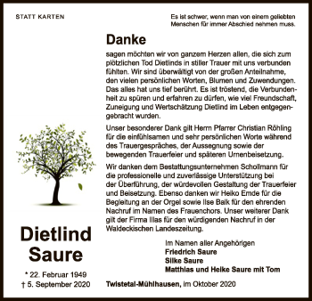 Traueranzeige von Dietlind Saure von WLZ