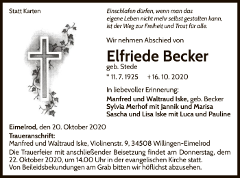 Traueranzeige von Elfriede Becker von WLZ