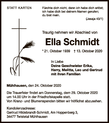 Traueranzeige von Ella Schmidt von WLZ