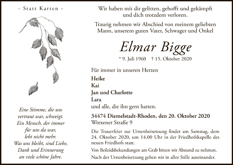  Traueranzeige für Elmar Bigge vom 20.10.2020 aus WLZ