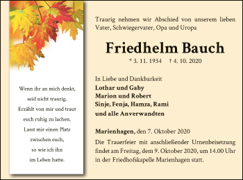 Traueranzeige von Friedhelm Bauch von WLZ