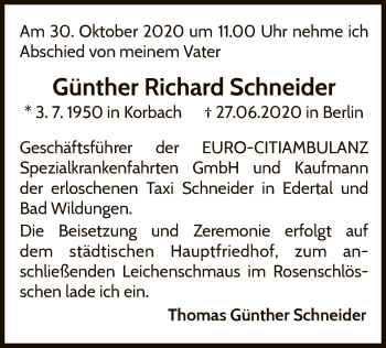 Traueranzeige von Günther Richard Schneider von WLZ