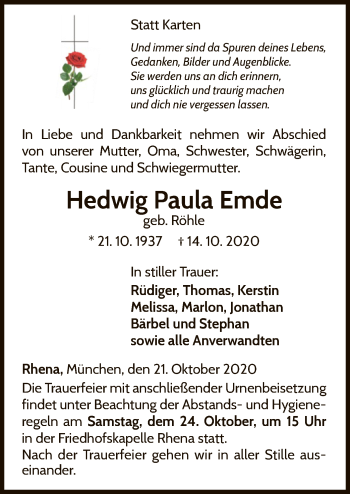 Traueranzeige von Hedwig Paula Emde von WLZ