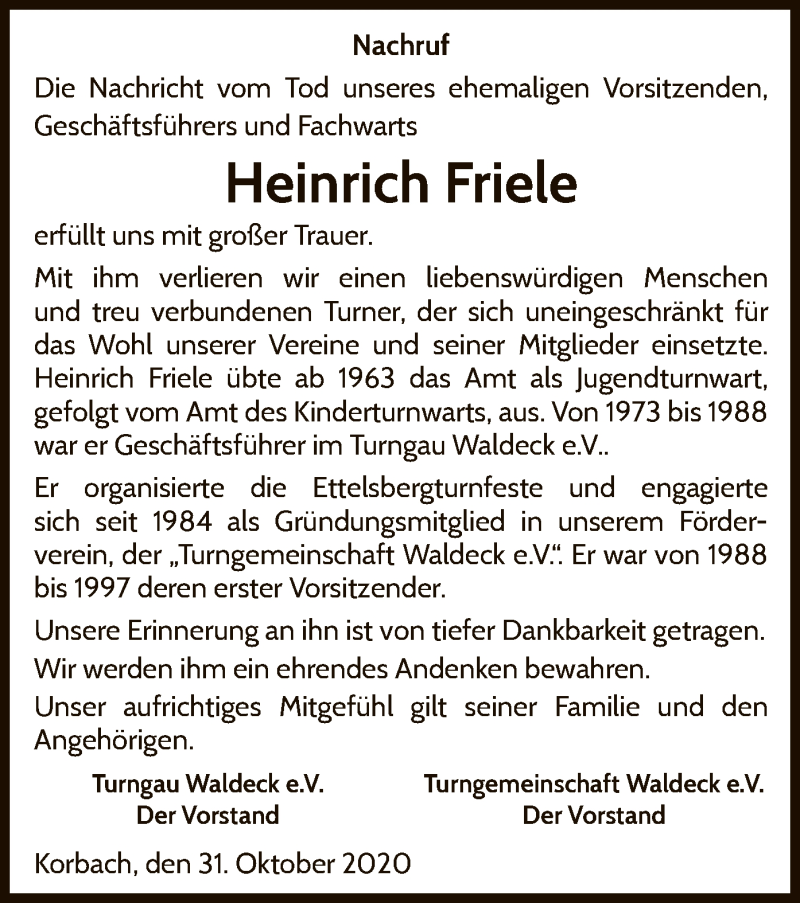  Traueranzeige für Heinrich Friele vom 31.10.2020 aus WLZ