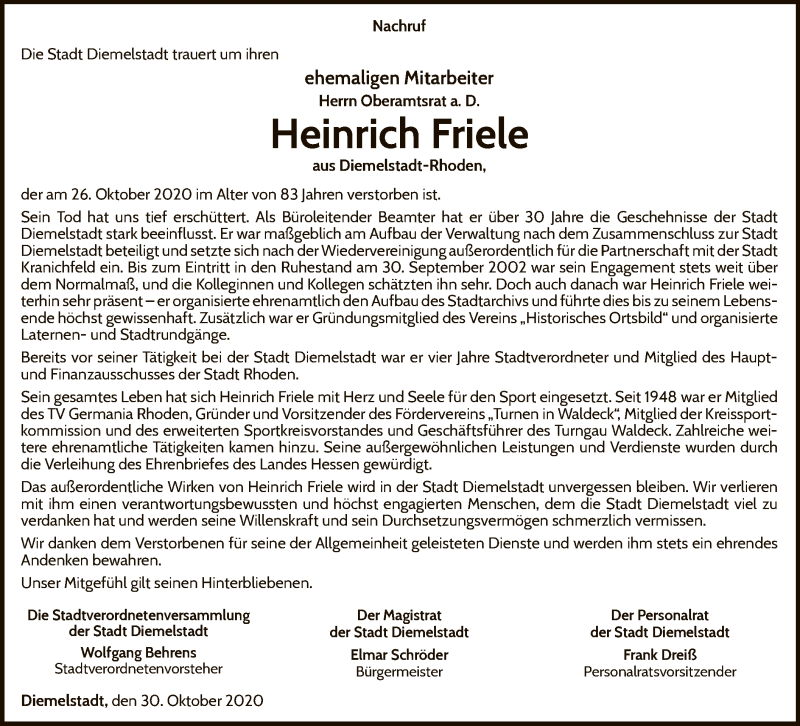  Traueranzeige für Heinrich Friele vom 30.10.2020 aus WLZ
