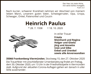 Traueranzeige von Heinrich Paulus von HNA