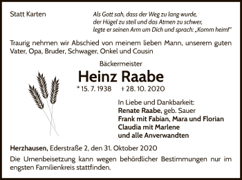 Traueranzeige von Heinz Raabe von WLZ