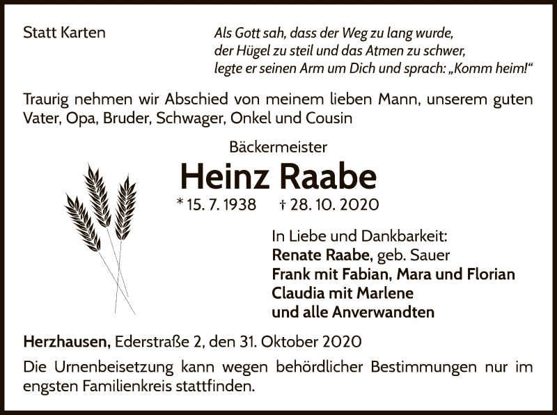 Traueranzeige für Heinz Raabe vom 31.10.2020 aus WLZ